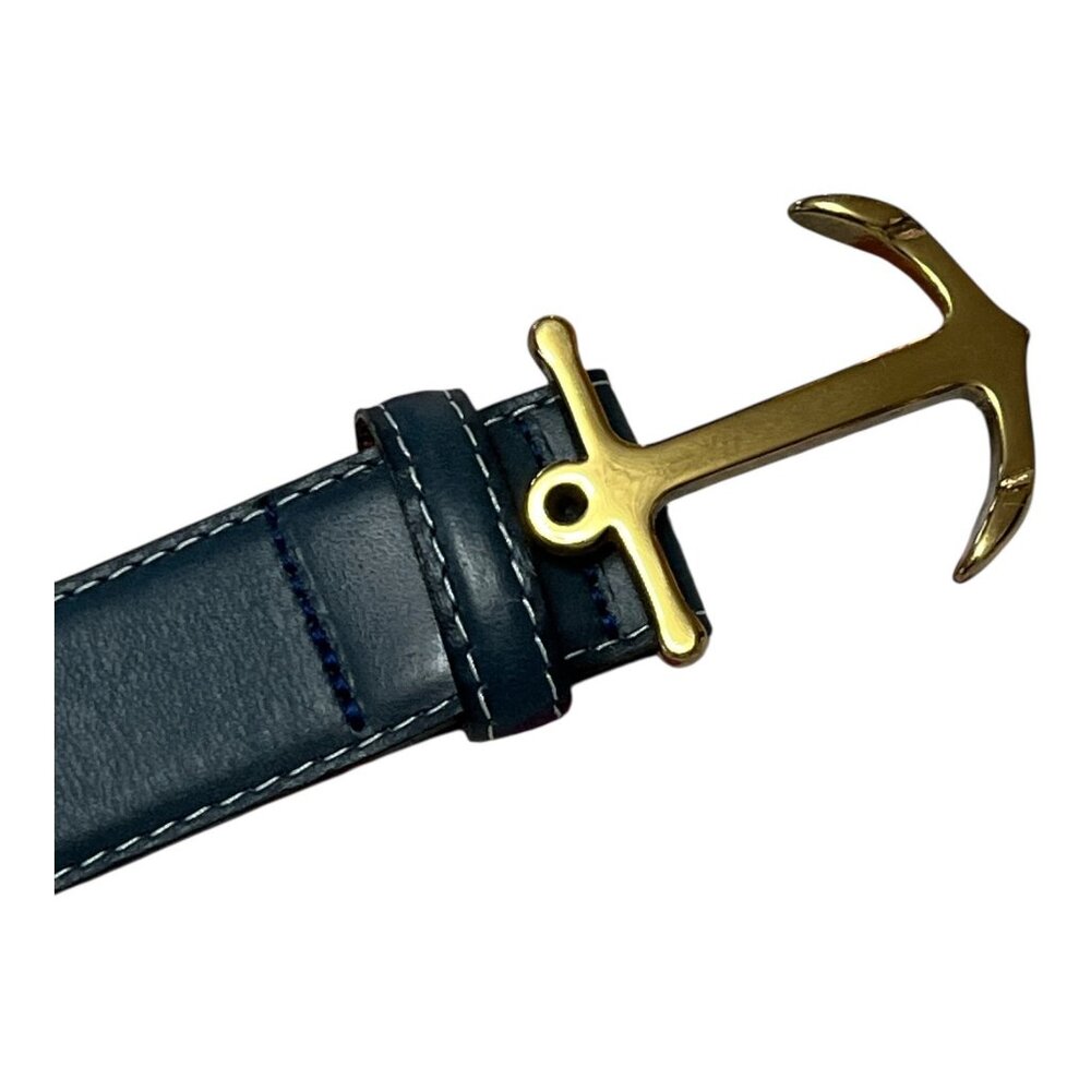 YRI Men’s Anchor Buckle Leather Belt – Navy Blue with Gold-Tone Hardware – Size